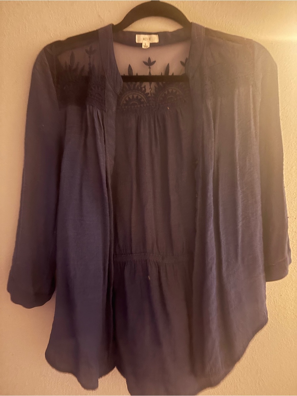 mine Navy Sheer Yoke Embroidered Tunic Top